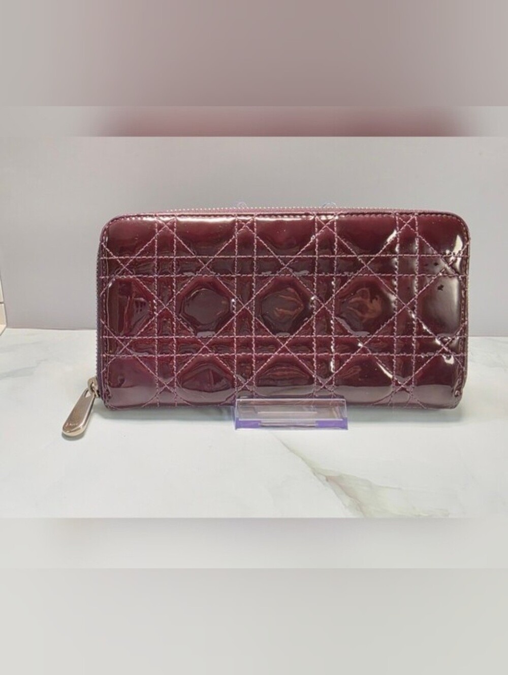 Christian Dior Burgundy Cannage Patent Leather Zip Around Wallet + COA